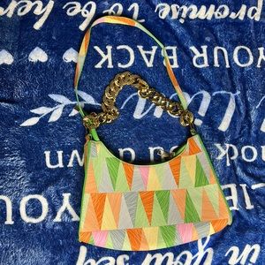 Orange,green,gold,yellow, pink, blue and grey two strapped purse.